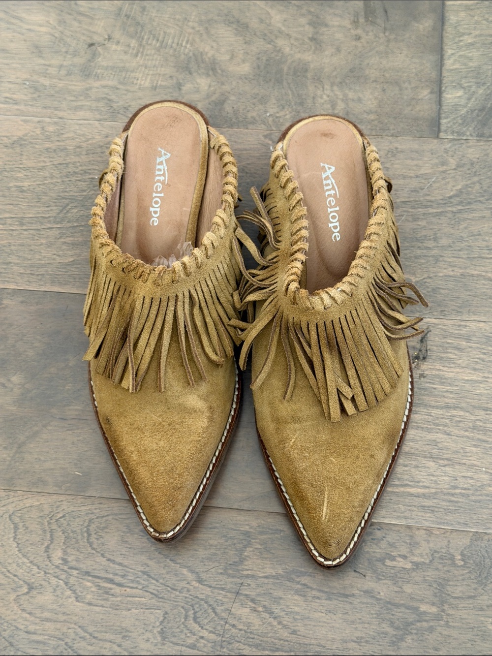 Antelope Tan Suede Fringe Pointed-Toe Slip-On Mules